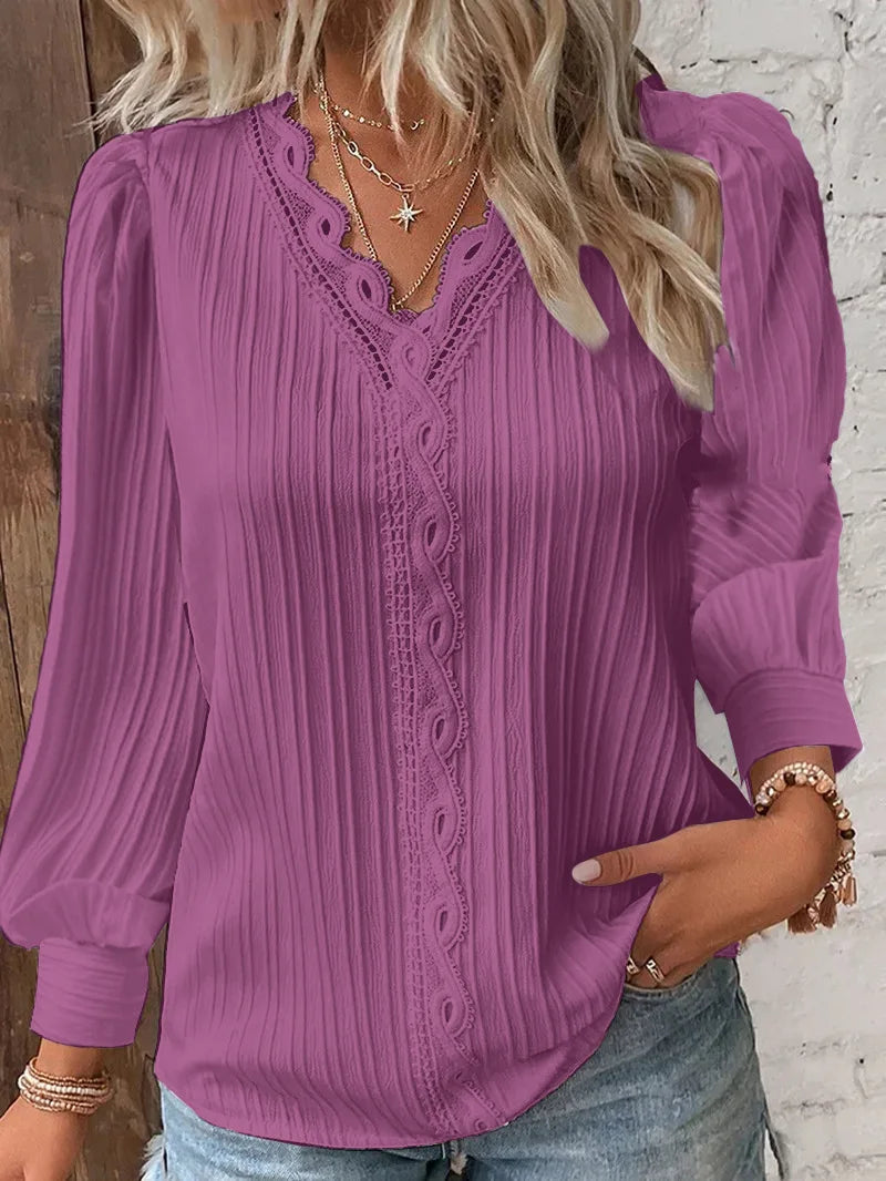 Women's Lace Trim V-Neck Blouse with Puff Sleeves in Purple