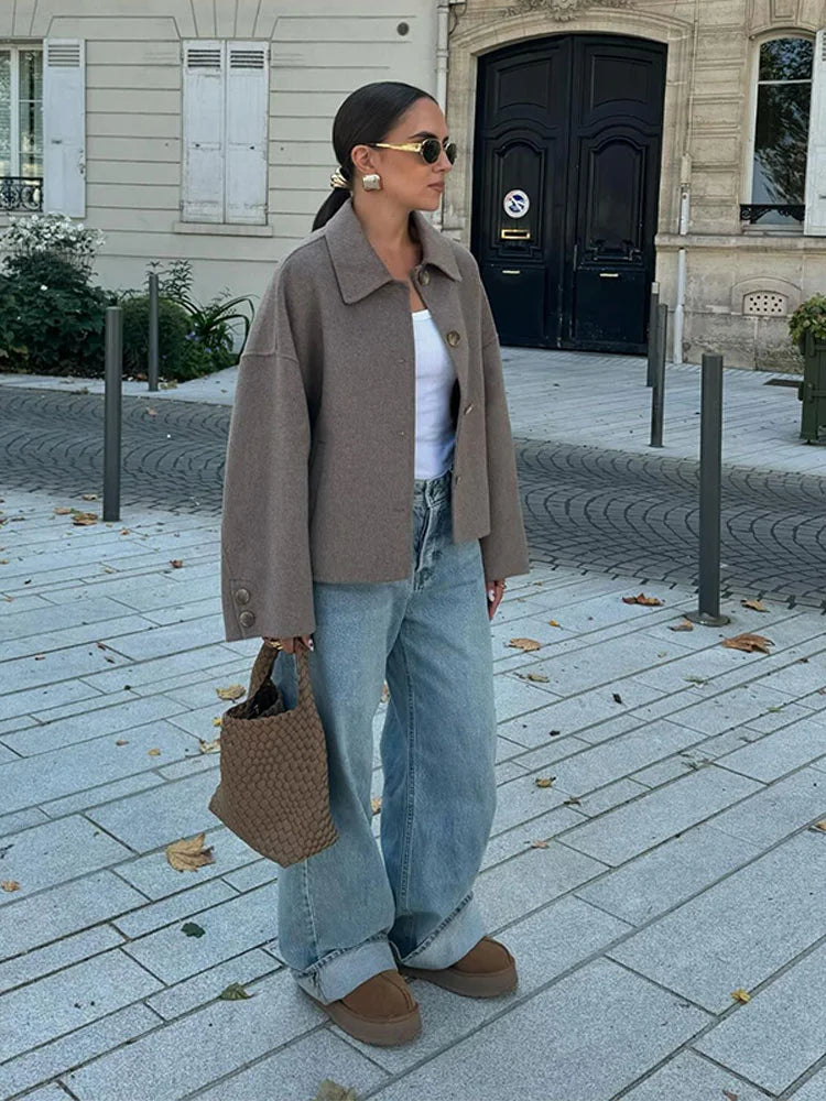 Women's Taupe Oversized Coat with Collar and Button Front in Taupe