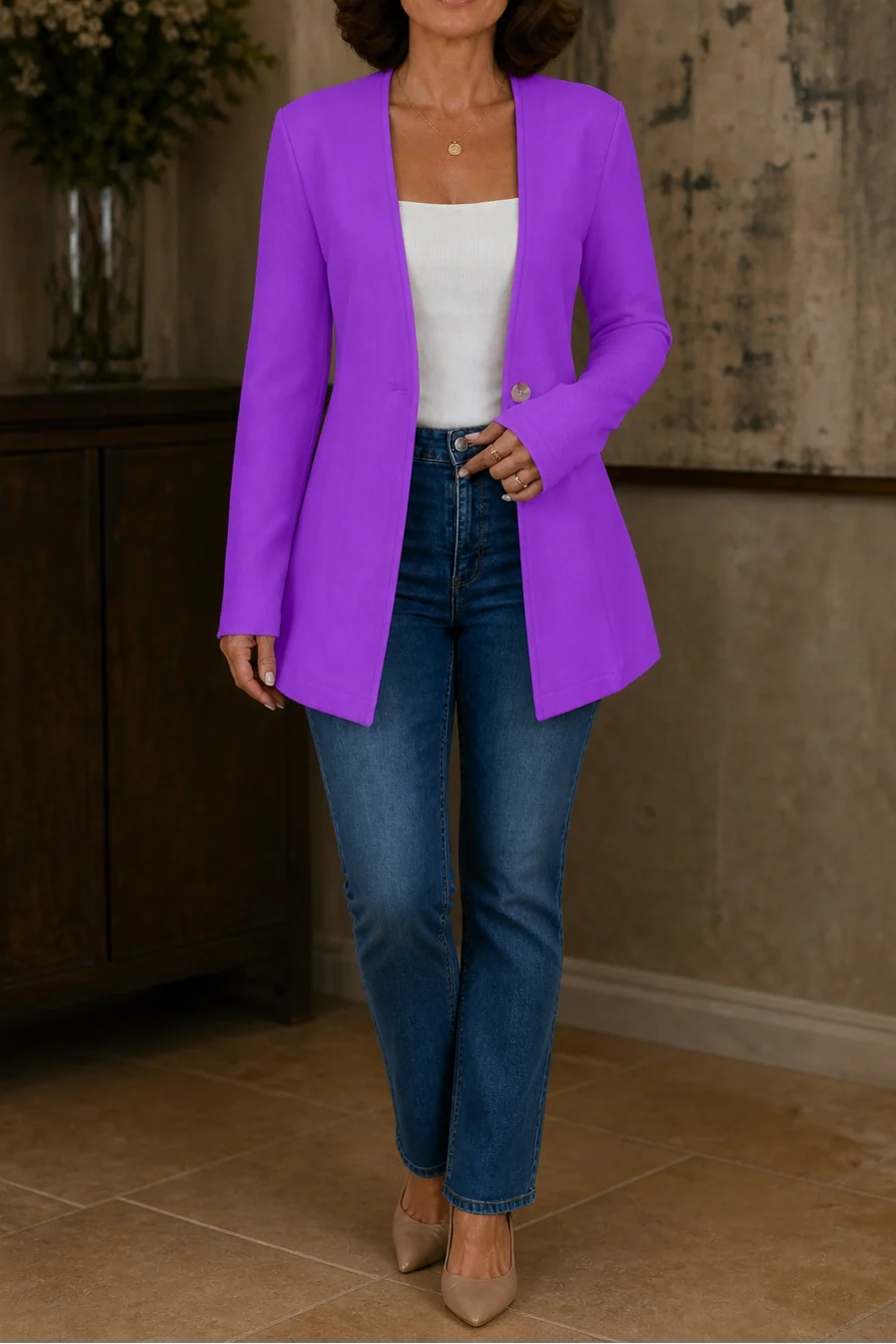 Women’s A-Line Blazer V-Neck Single-Button Closure in Pink 14