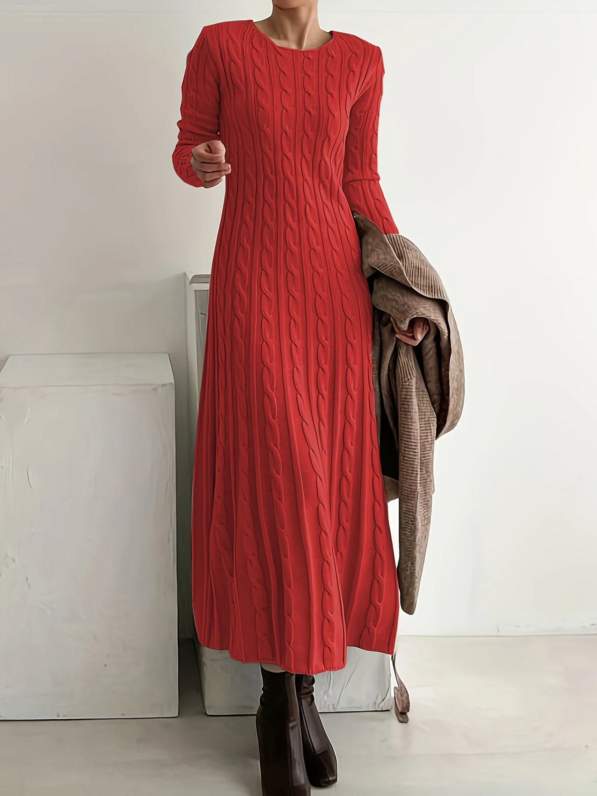 Women’s Cable-Knit Maxi Dress Long Sleeve Elegant Style 6