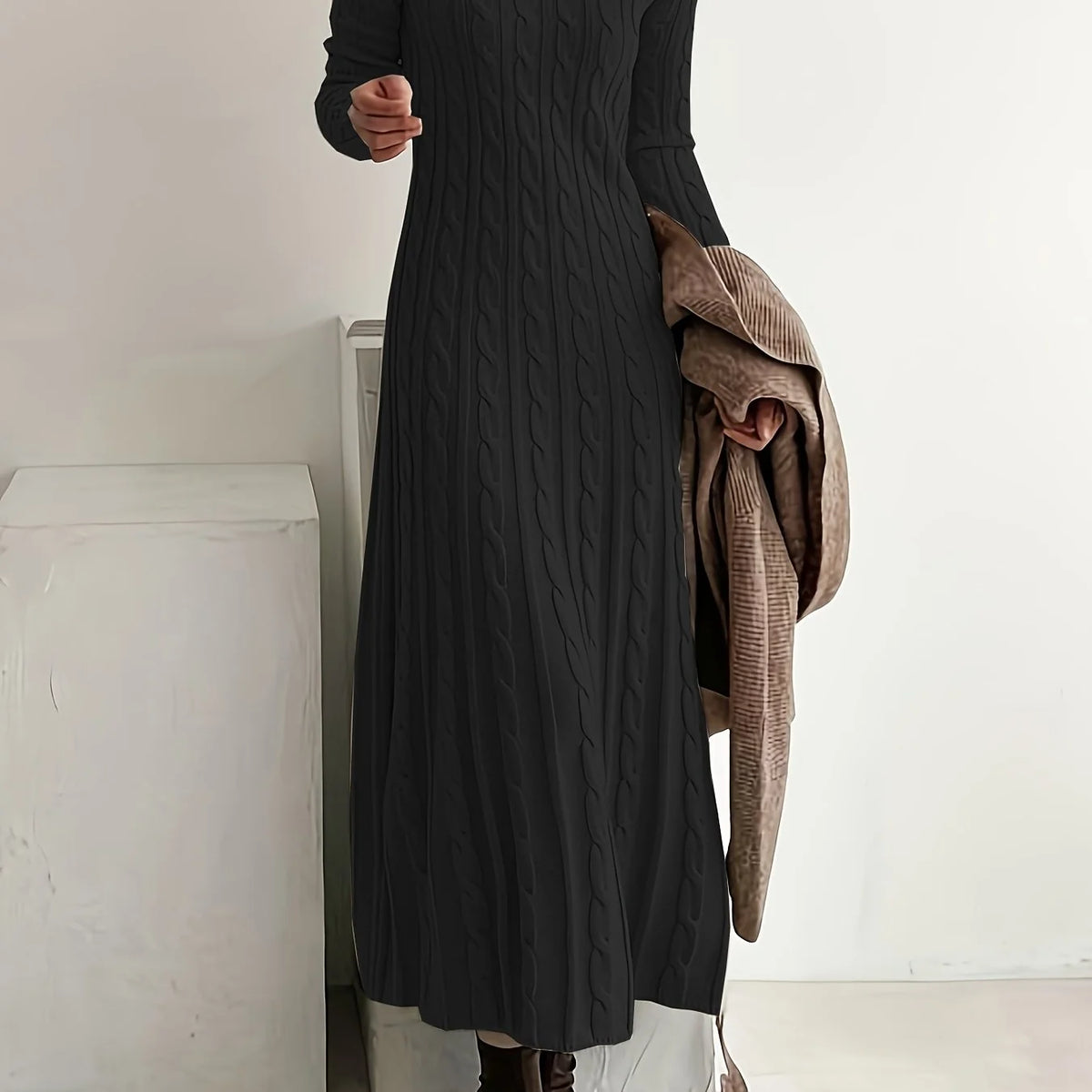 Women’s Cable-Knit Maxi Dress Long Sleeve Elegant Style 9