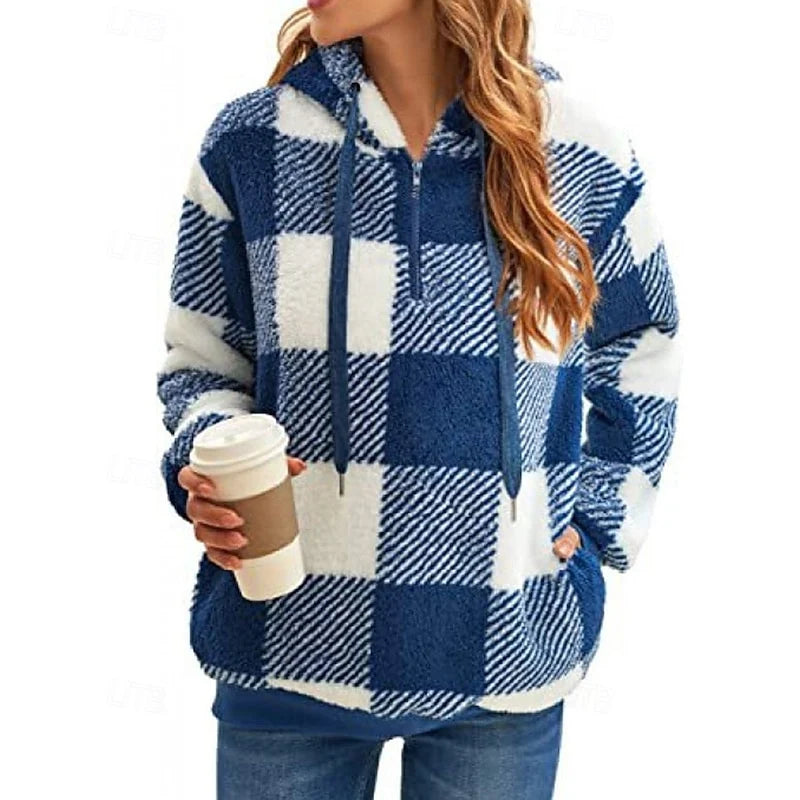 Women’s Checkered Hoodie Relaxed Fit Quarter-Zip Style 0