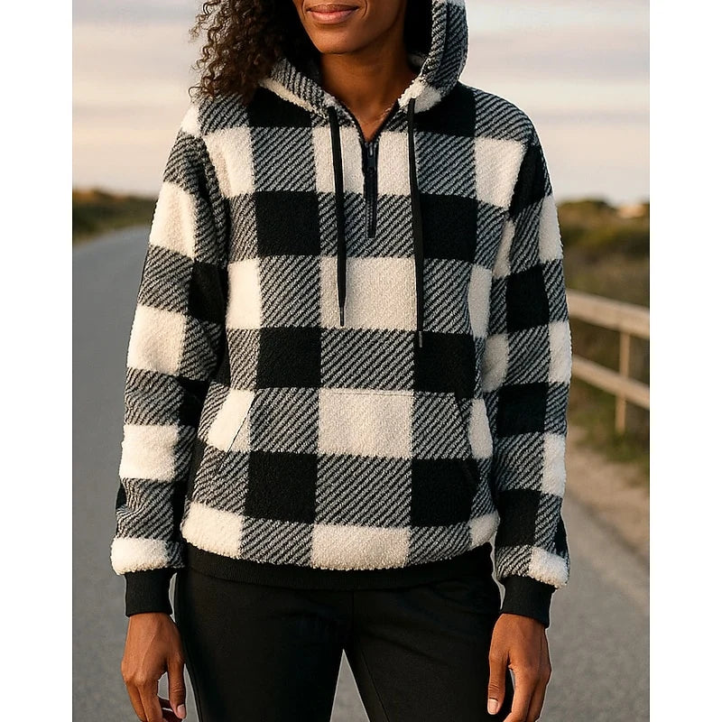 Women’s Checkered Hoodie Relaxed Fit Quarter-Zip Style 1