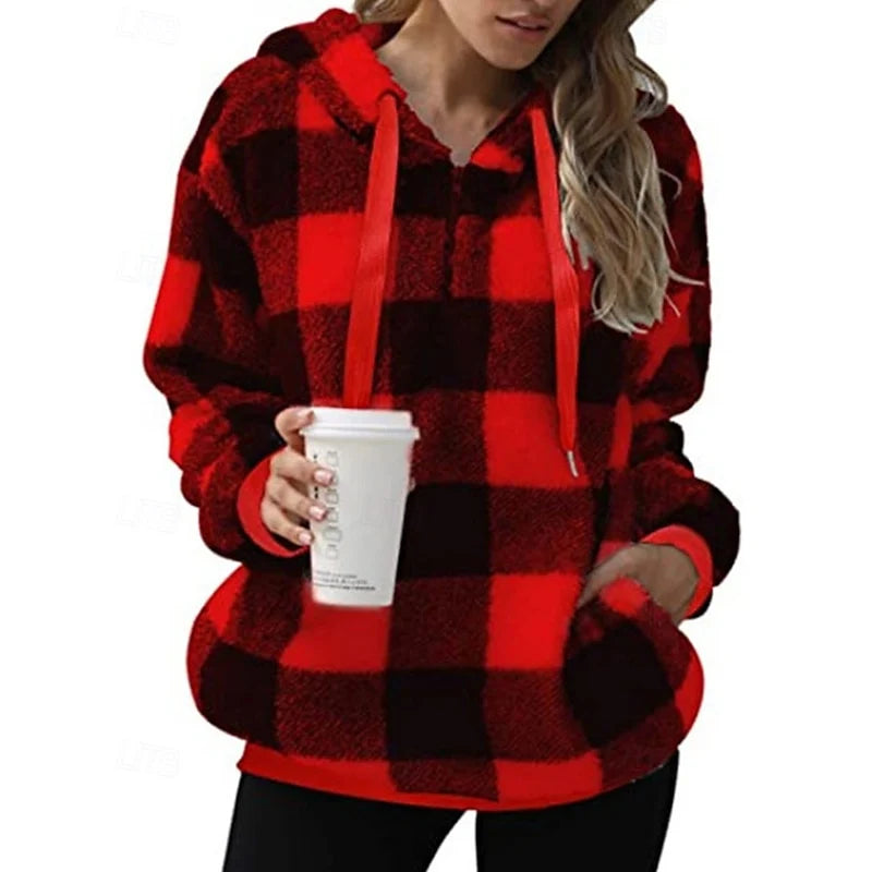 Women’s Checkered Hoodie Relaxed Fit Quarter-Zip Style 4