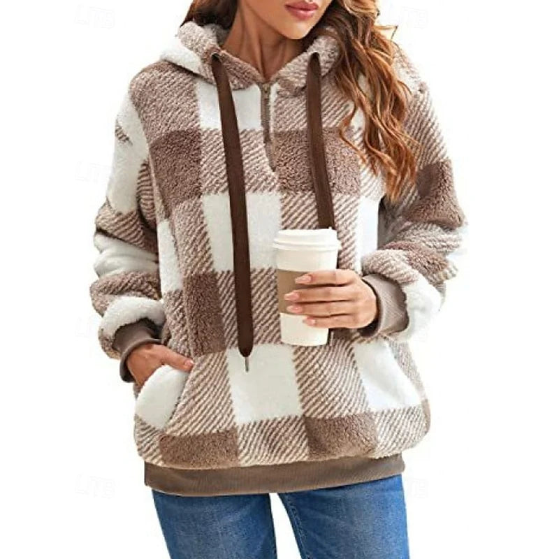 Women’s Checkered Hoodie Relaxed Fit Quarter-Zip Style 5