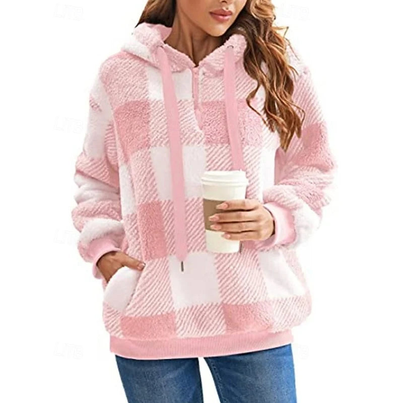 Women’s Checkered Hoodie Relaxed Fit Quarter-Zip Style 7