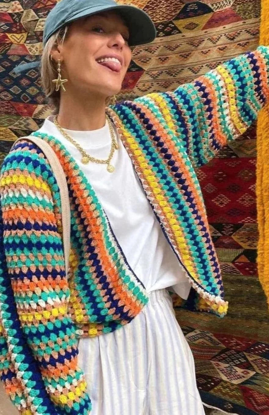 Women’s Chunky Knit Cardigan Rainbow Striped Open-Front Style 0