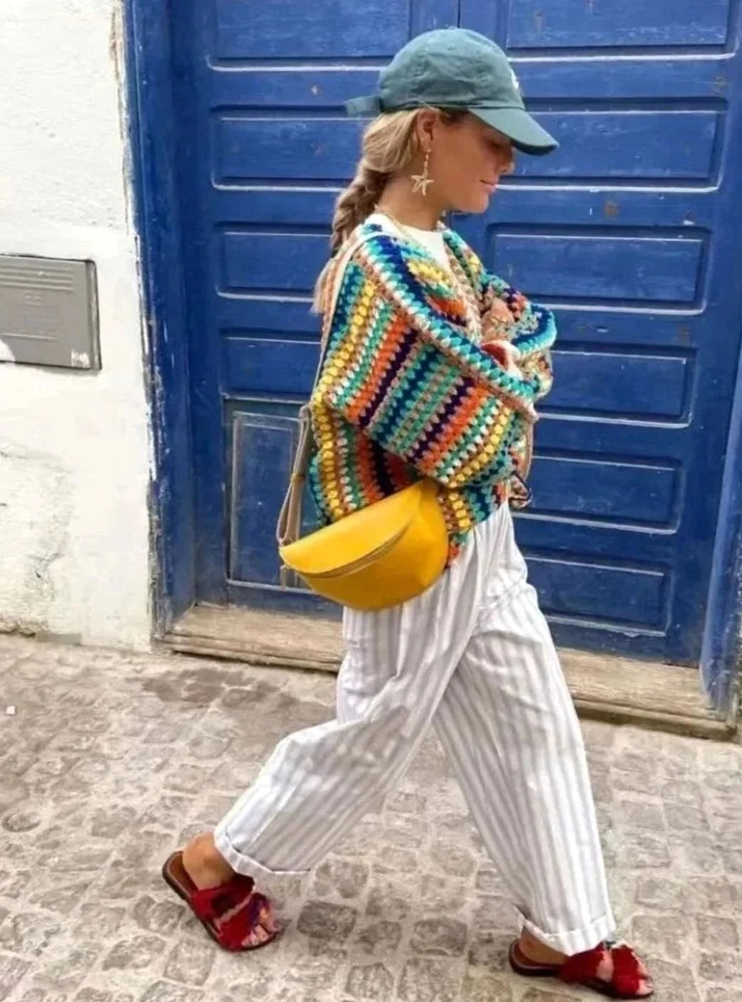 Women’s Chunky Knit Cardigan Rainbow Striped Open-Front Style 3