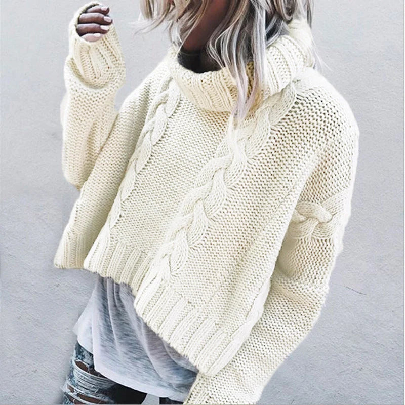 Women’s Chunky Knit Sweater High Collar Cable Design 1