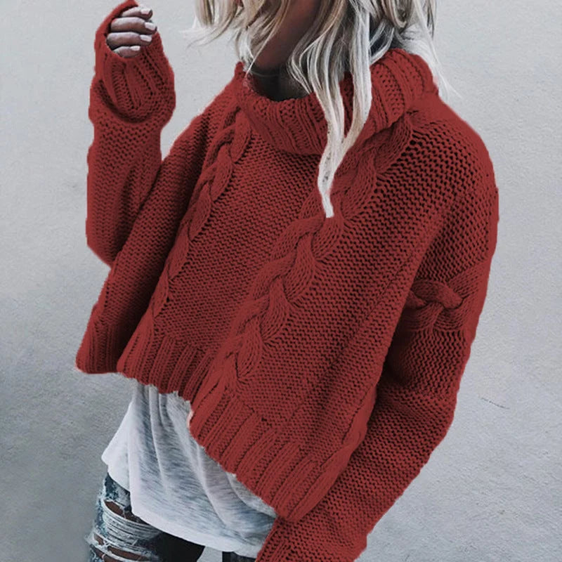 Women’s Chunky Knit Sweater High Collar Cable Design 7