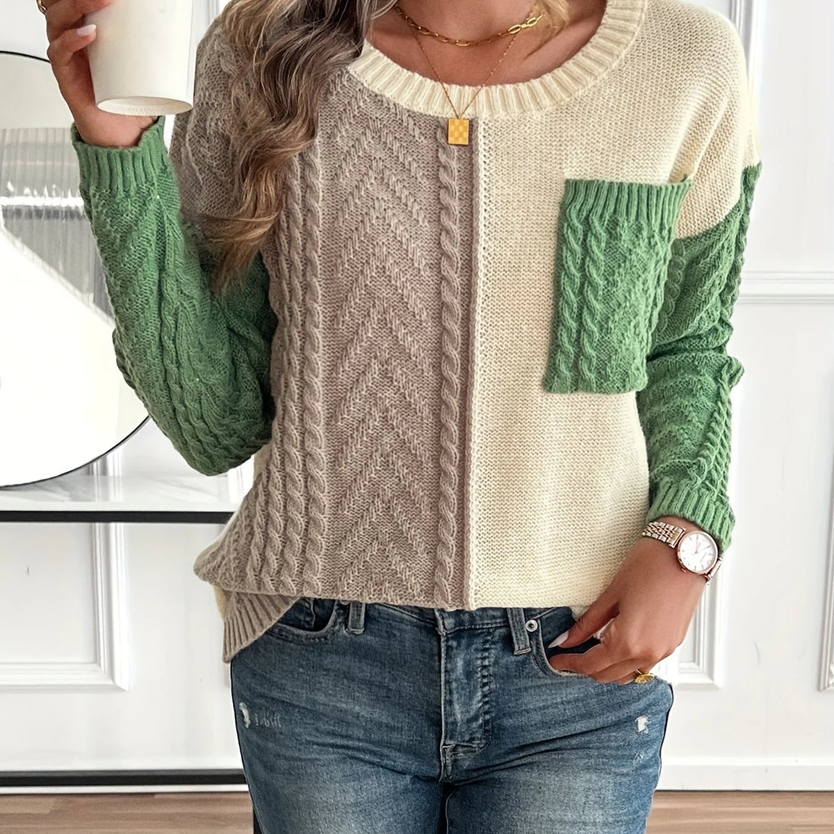 Women’s Color Block Cable Knit Sweater Relaxed Fit Design 0