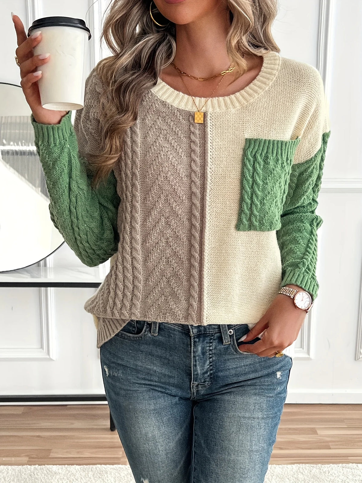 Women’s Color Block Cable Knit Sweater Relaxed Fit Design 1