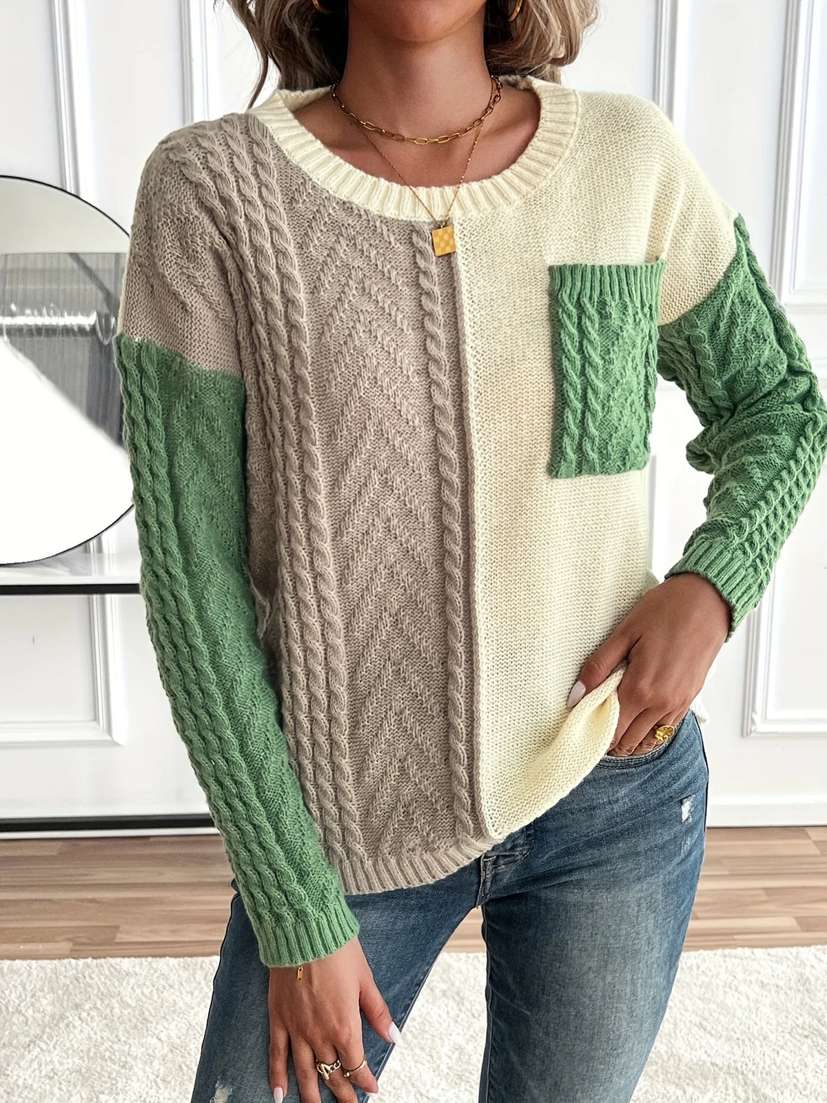 Women’s Color Block Cable Knit Sweater Relaxed Fit Design 4