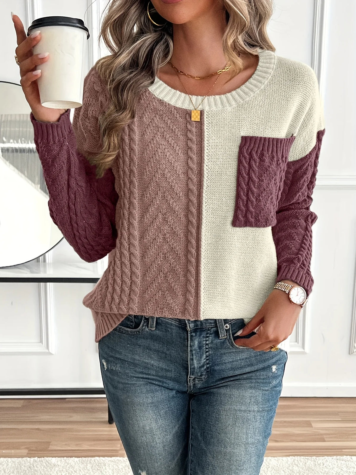 Women’s Color Block Cable Knit Sweater Relaxed Fit Design 7
