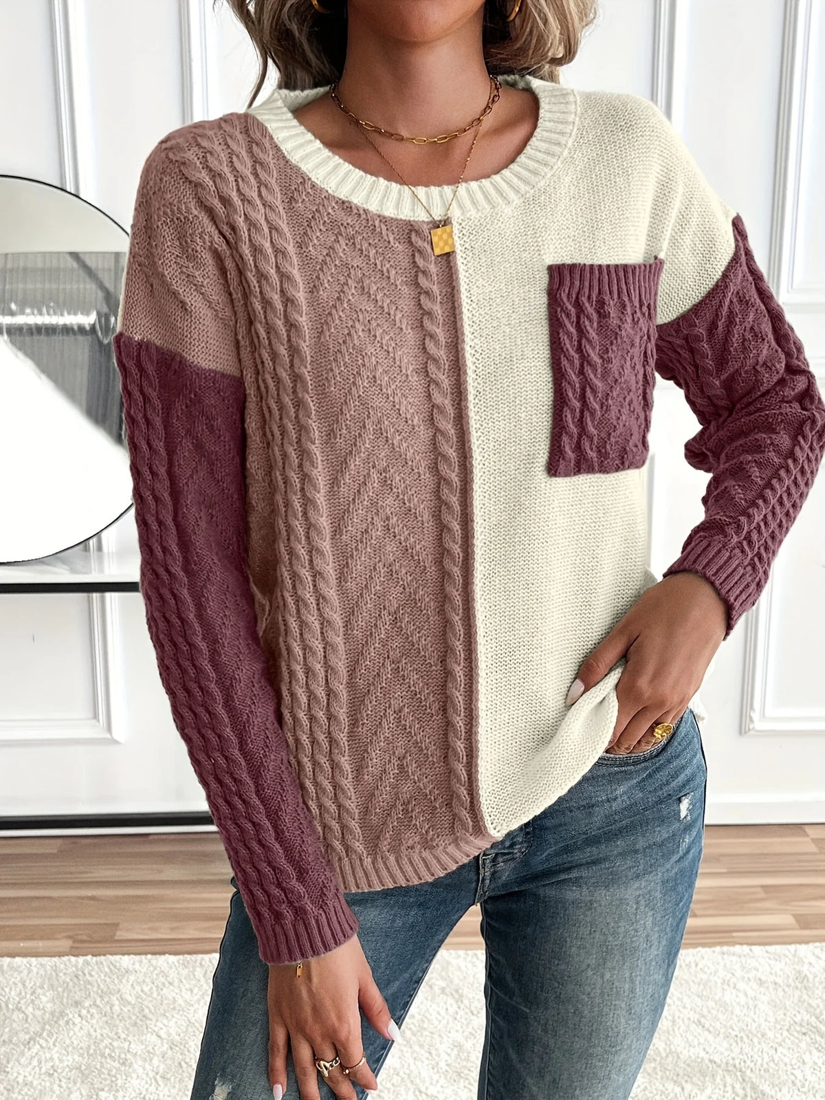 Women’s Color Block Cable Knit Sweater Relaxed Fit Design 8