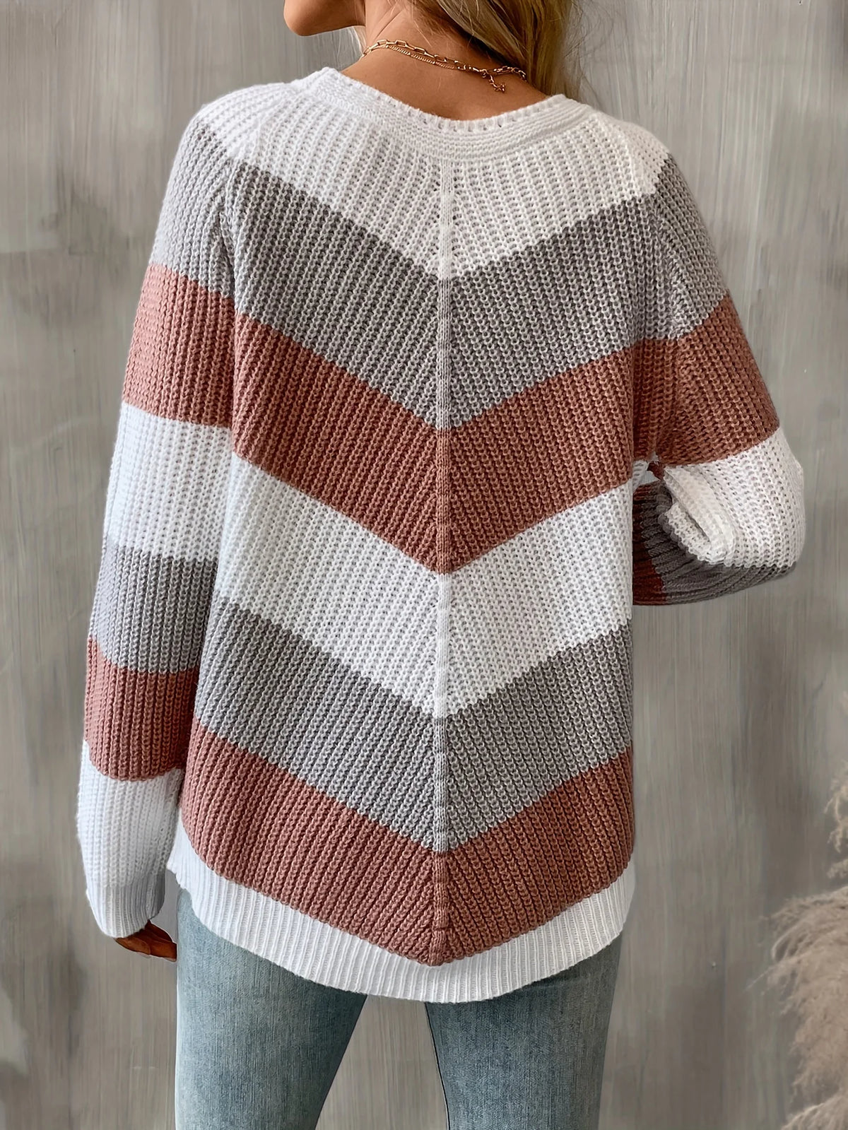 Women’s Colorblock Knit Sweater Relaxed Fit Chevron Design 4