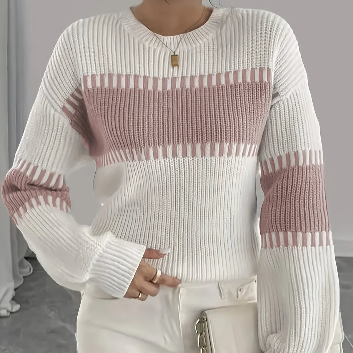 Women’s Colour-Block Striped Sweater Relaxed Fit Lightweight Design 9