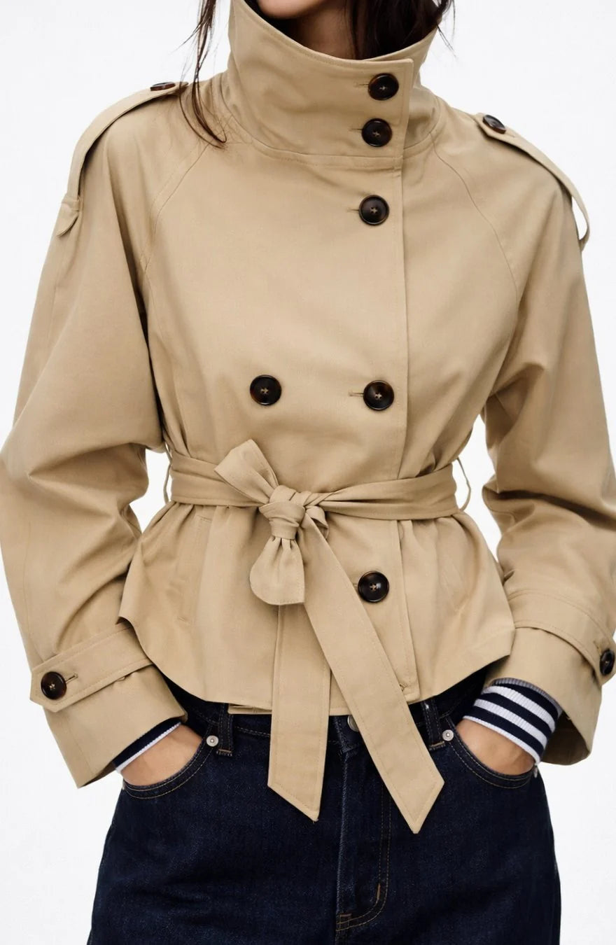 Women’s Double-Breasted Cropped Trench Coat with Belt 0