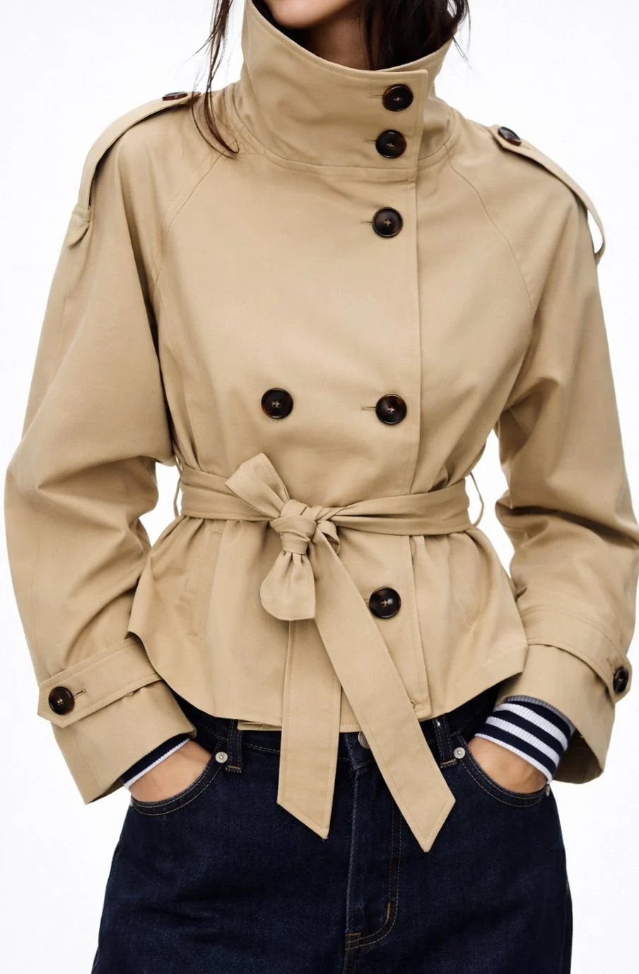 Women’s Double-Breasted Cropped Trench Coat with Belt 1