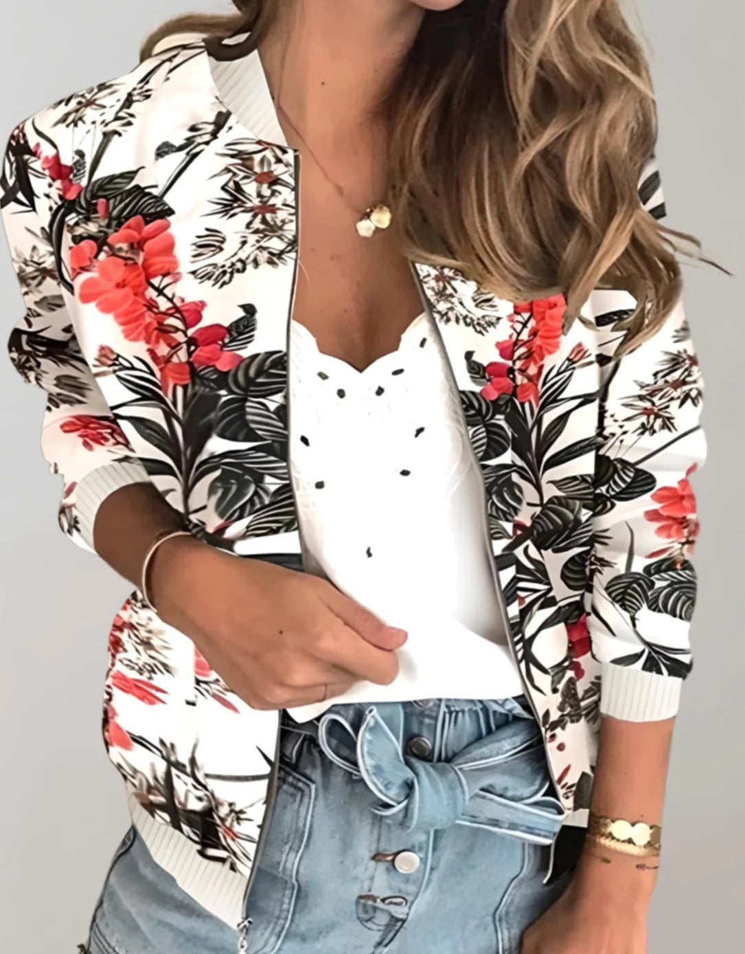 Women’s Floral Zip-Up Bomber Jacket Relaxed Fit 4
