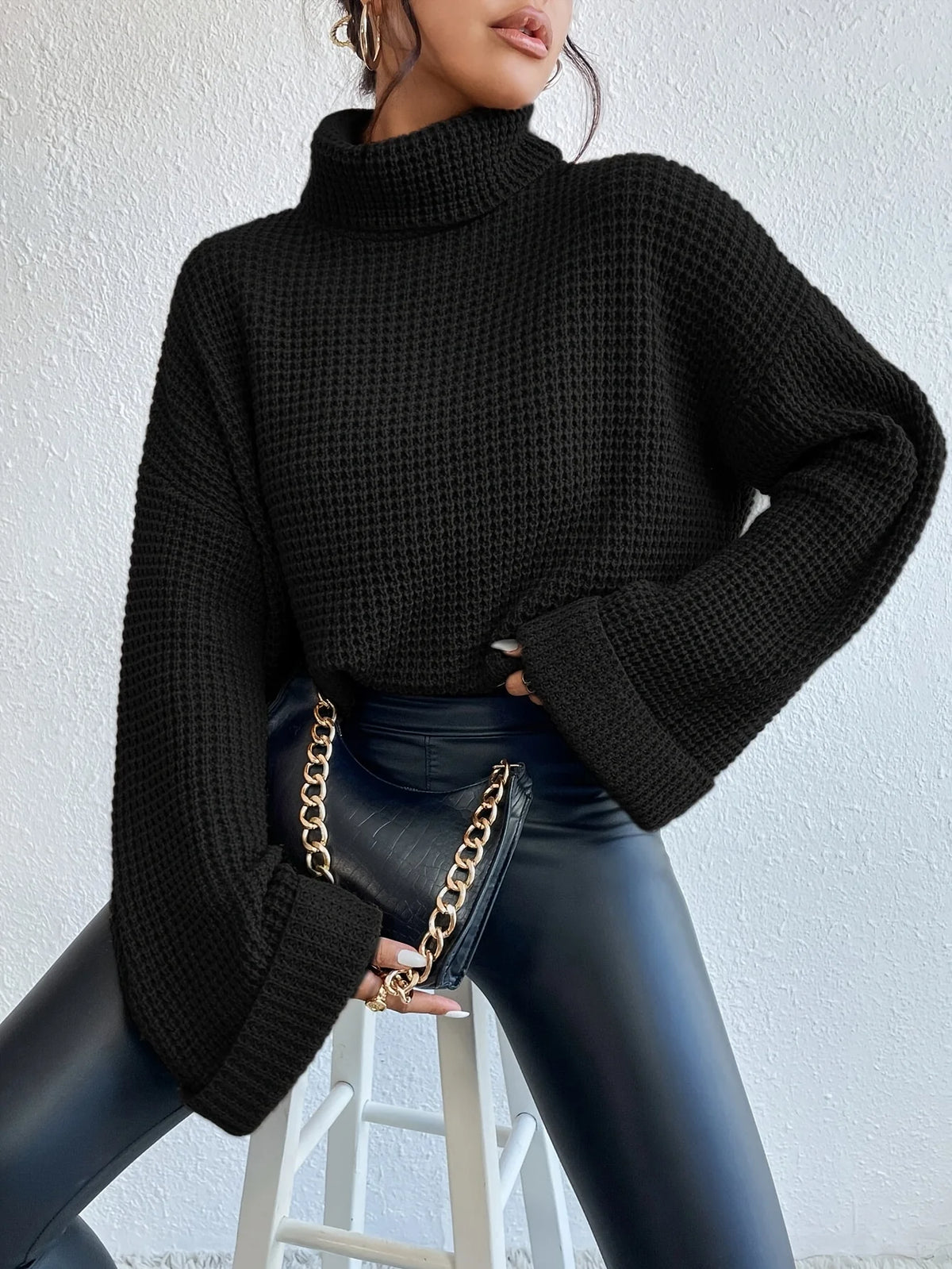 Women’s High-Neck Sweater Cozy Waffle Texture Design 3