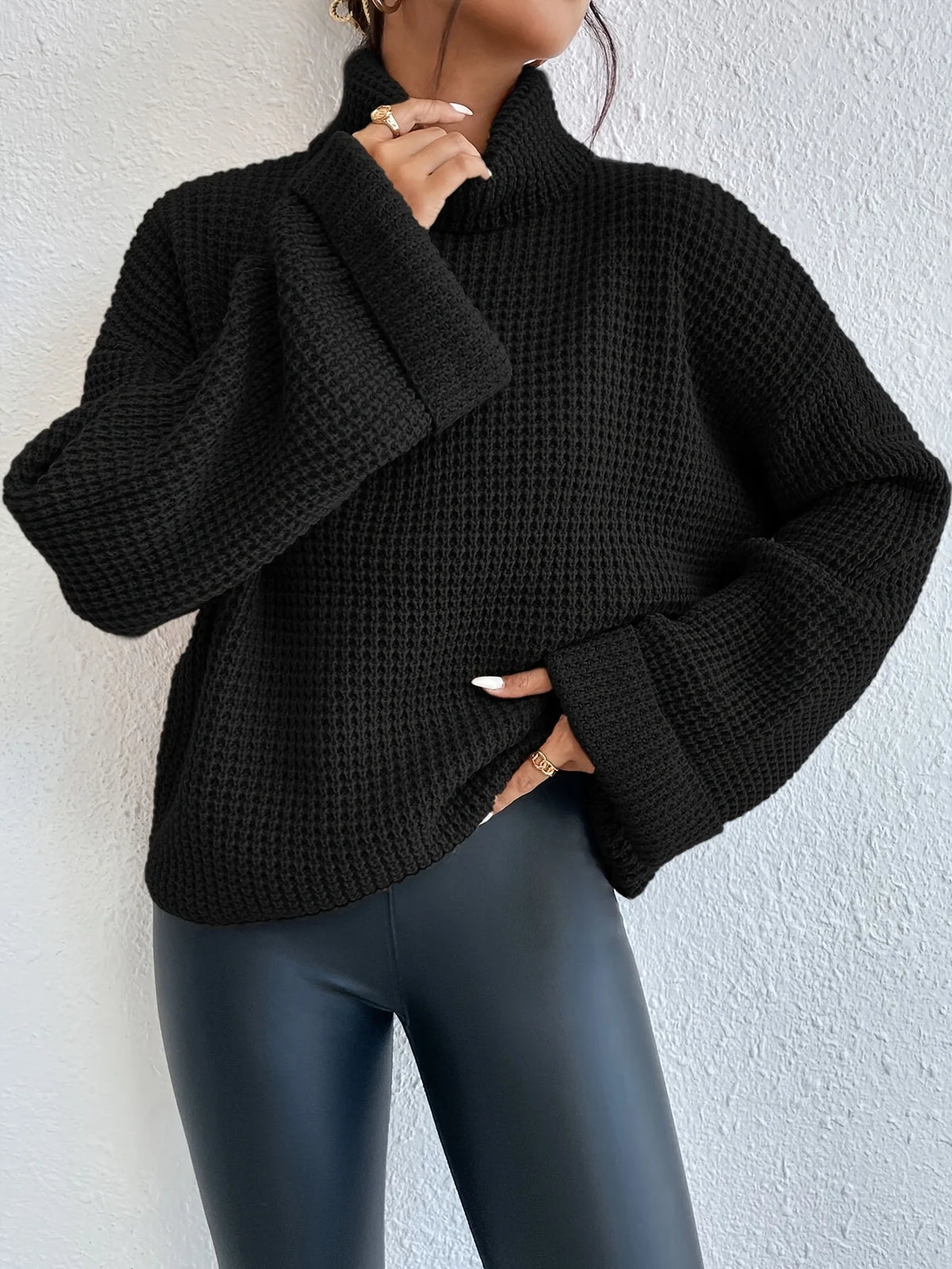 Women’s High-Neck Sweater Cozy Waffle Texture Design 4