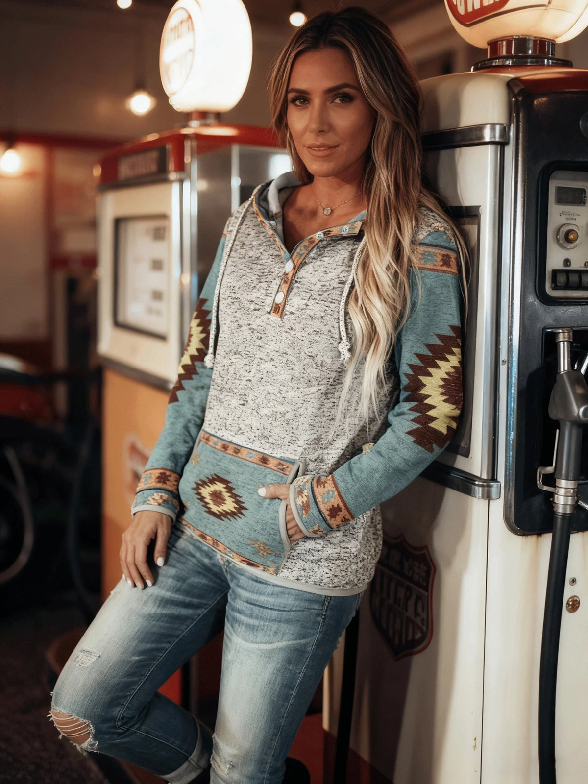 Women’s Hooded Sweatshirt with Western-Inspired Patterned Trim 3