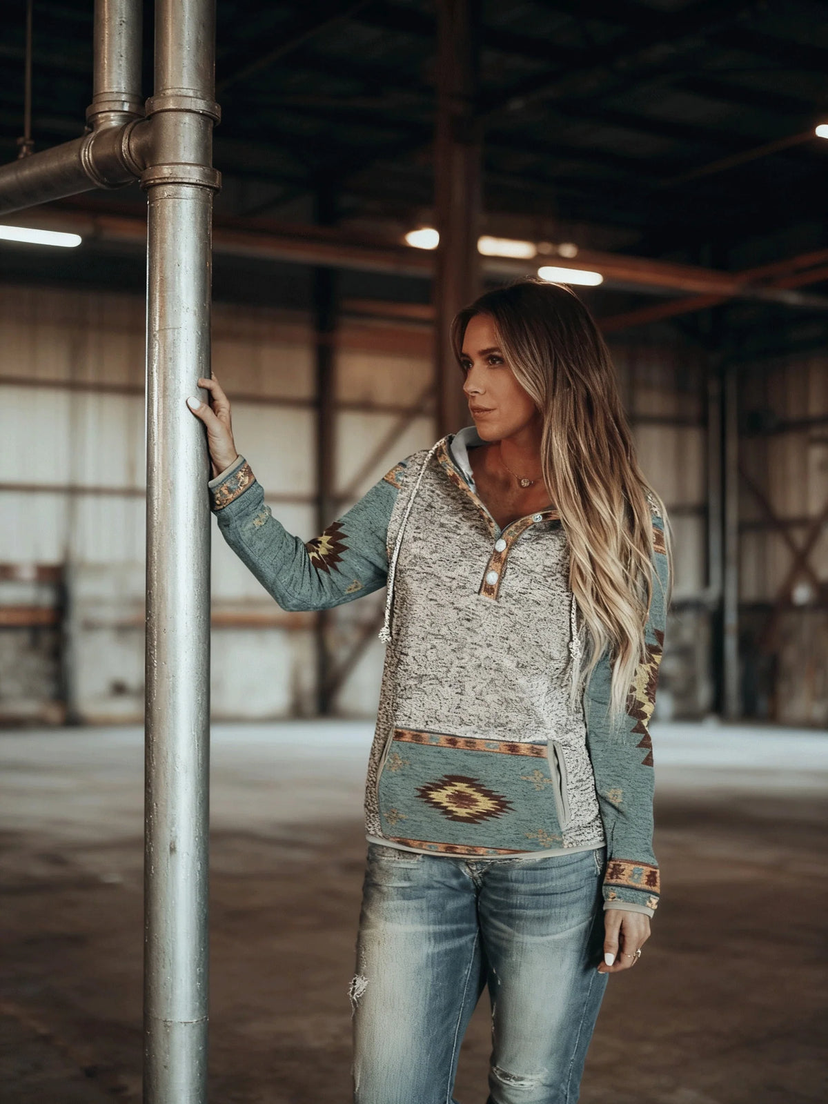 Women’s Hooded Sweatshirt with Western-Inspired Patterned Trim 5