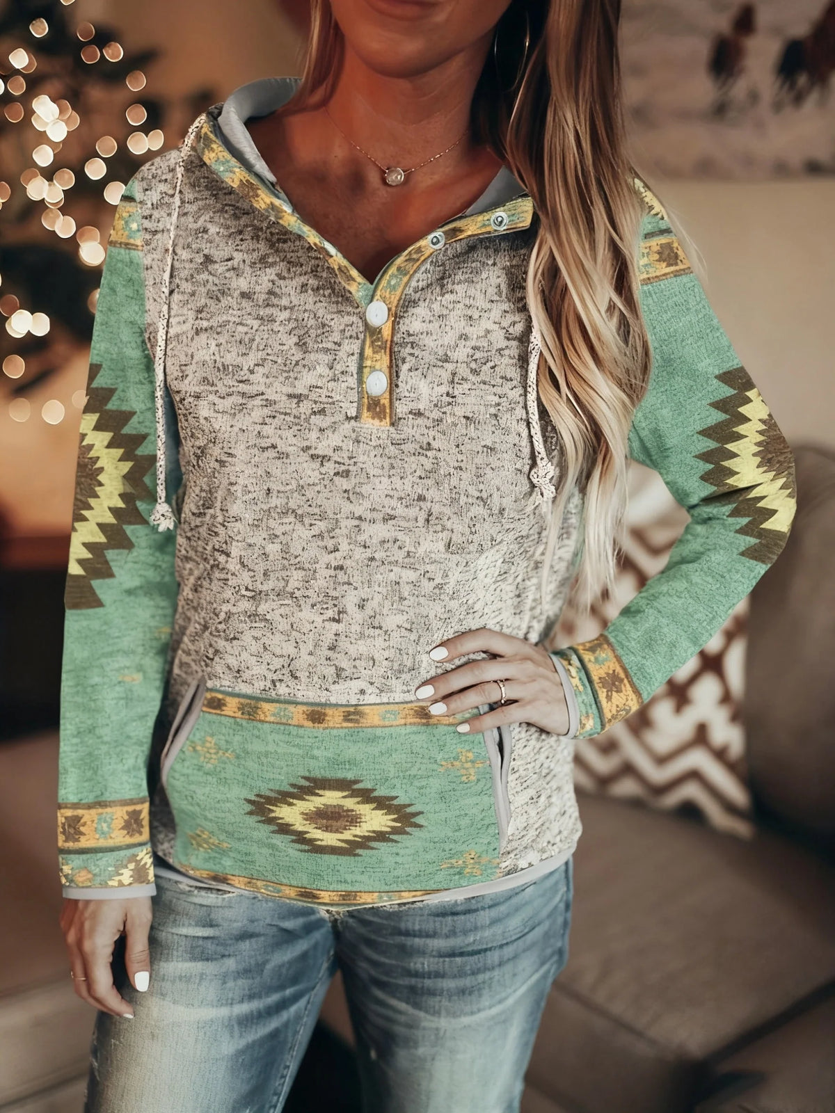 Women’s Hooded Sweatshirt with Western-Inspired Patterned Trim 8