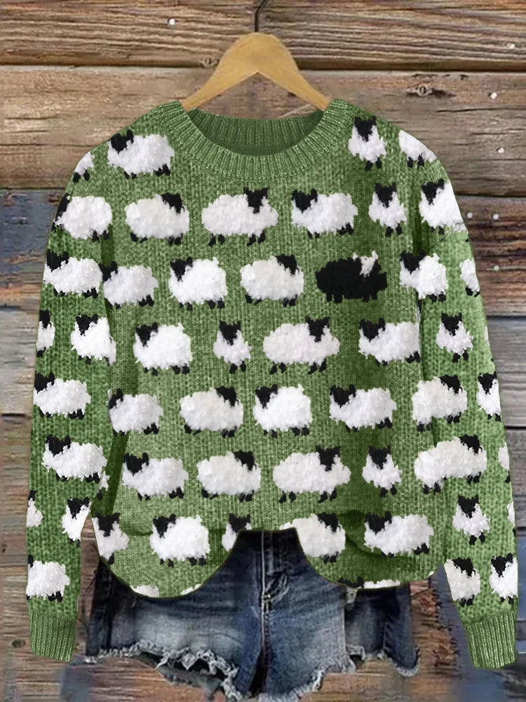 Women’s Jumper Playful Sheep Pattern Round Neck Casual Style 0