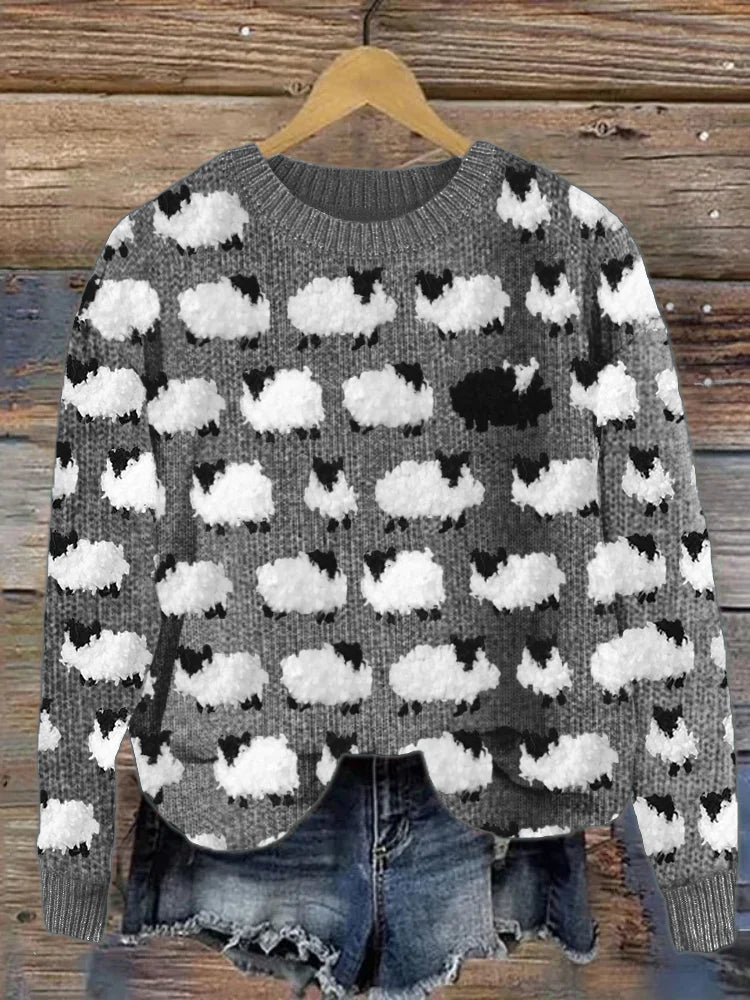 Women’s Jumper Playful Sheep Pattern Round Neck Casual Style 2