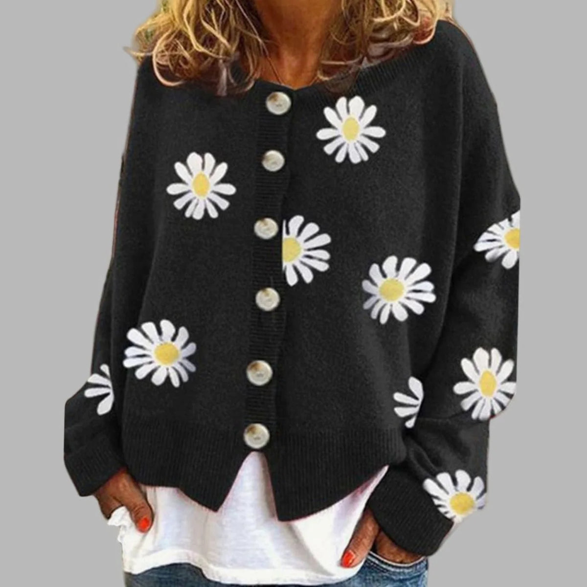 Women’s Knit Cardigan with Daisy Embroidery and Button Front 0