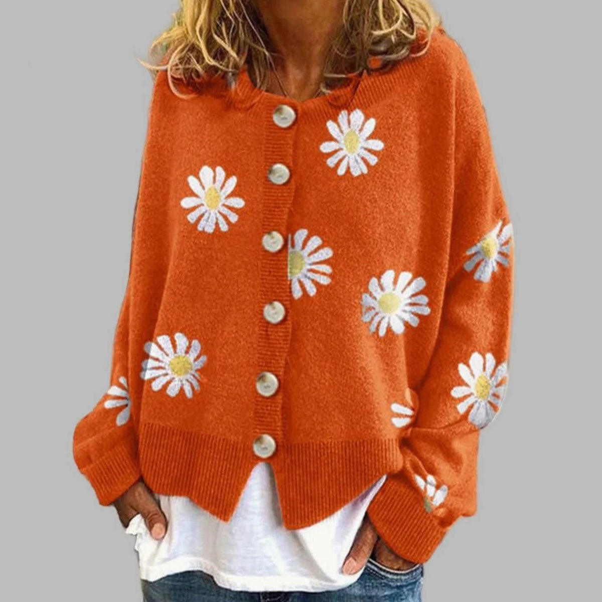 Women’s Knit Cardigan with Daisy Embroidery and Button Front 2