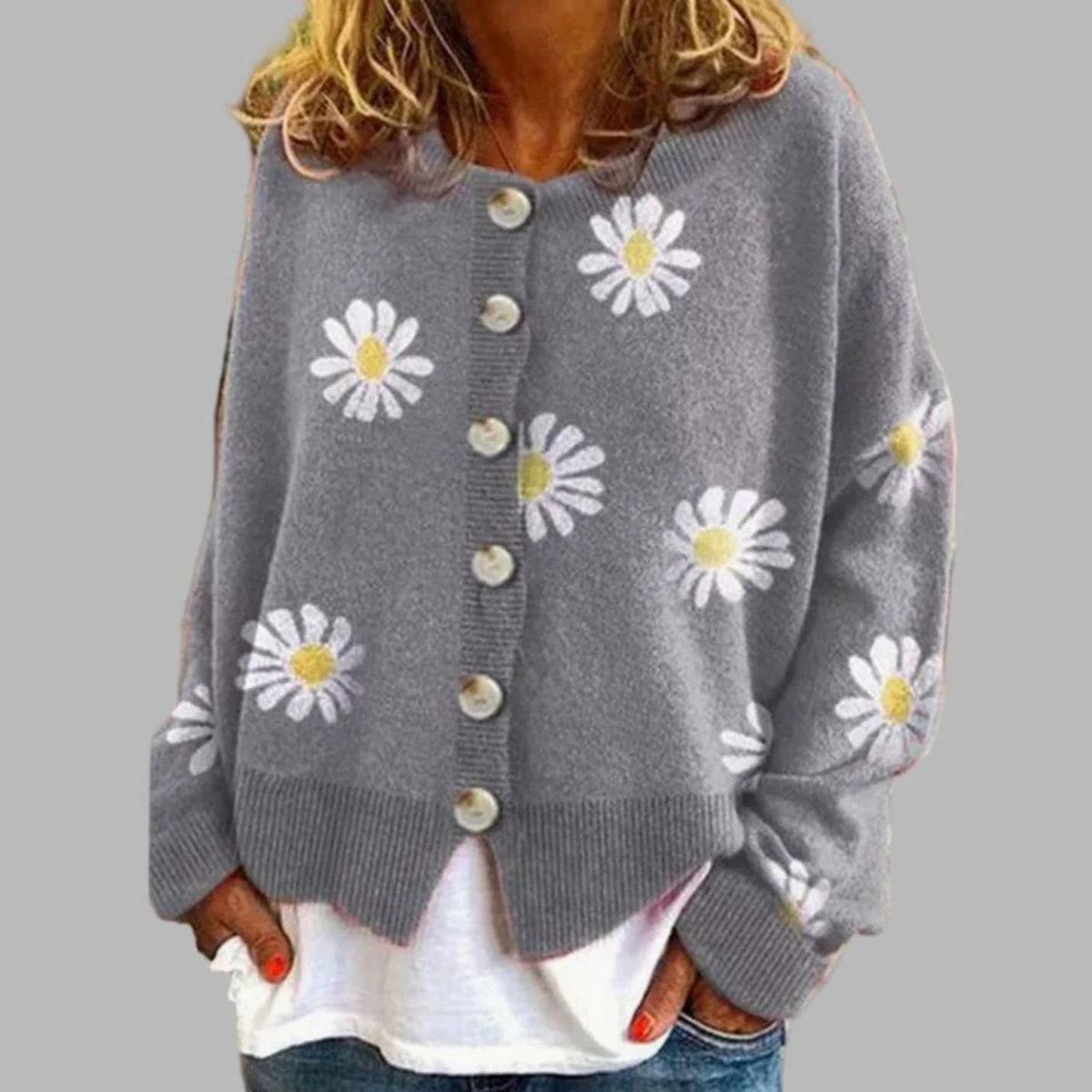 Women’s Knit Cardigan with Daisy Embroidery and Button Front 4