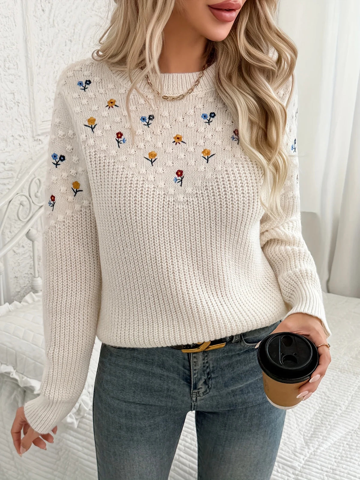 Women’s Knit Sweater with Floral Embroidery Elegant Design 1