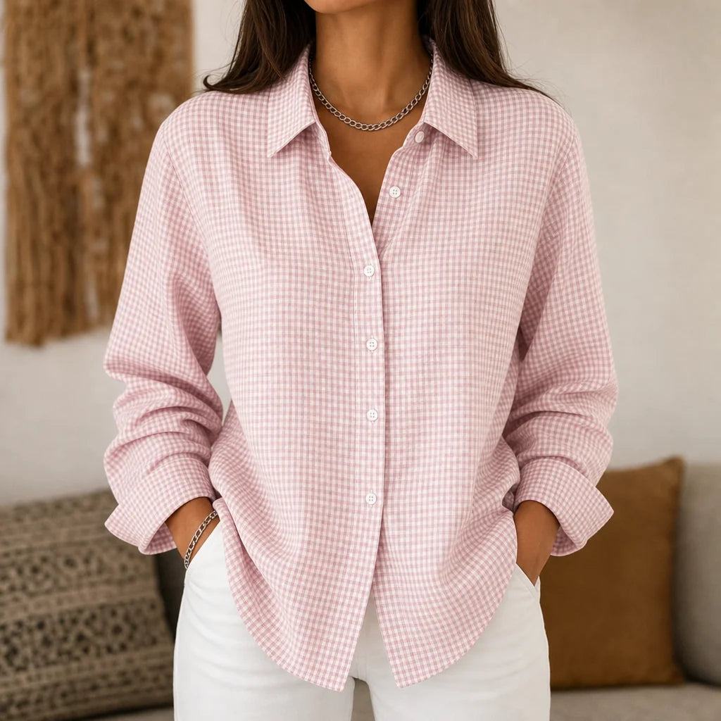 Women’s Lightweight Plaid Button-Down Shirt Relaxed Fit Style 1