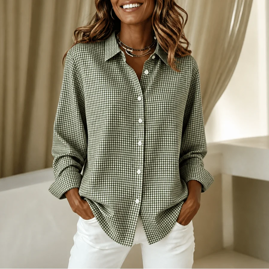 Women’s Lightweight Plaid Button-Down Shirt Relaxed Fit Style 11