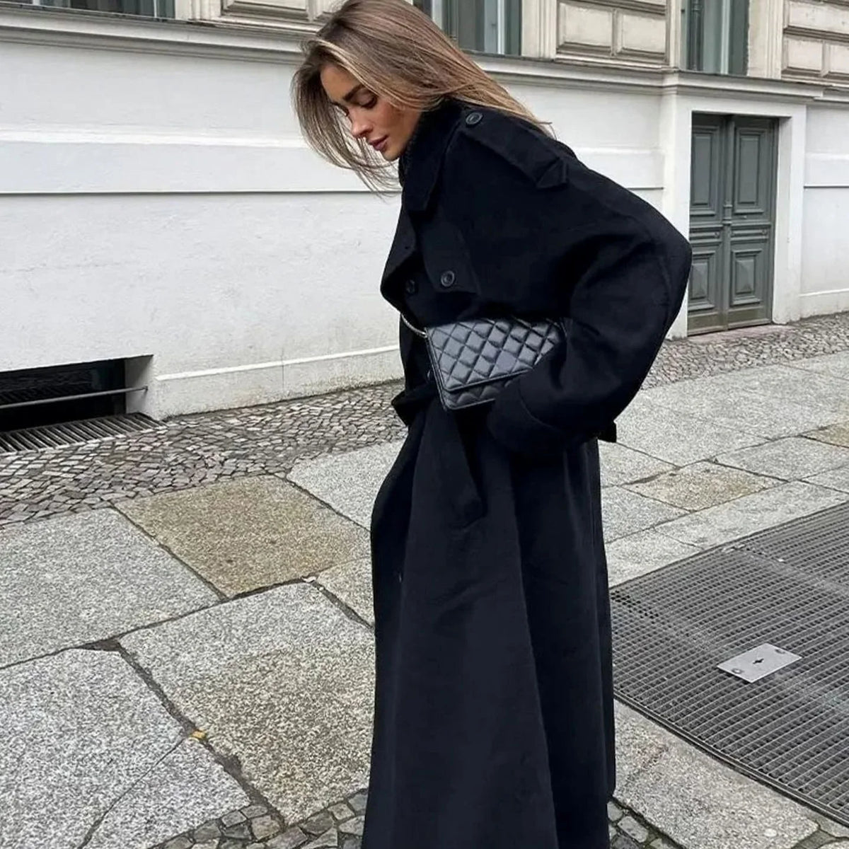 Women’s Long Double-Breasted Belted Trench Coat Classic Style 1