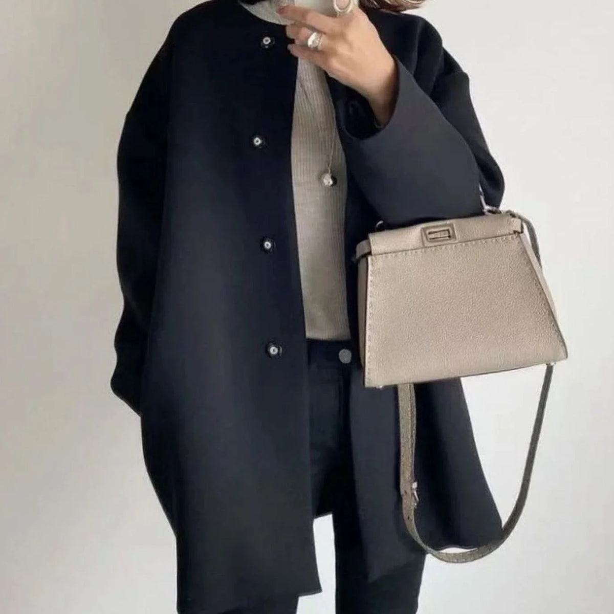 Women’s Longline Collarless Coat Snap-Button Closure 1