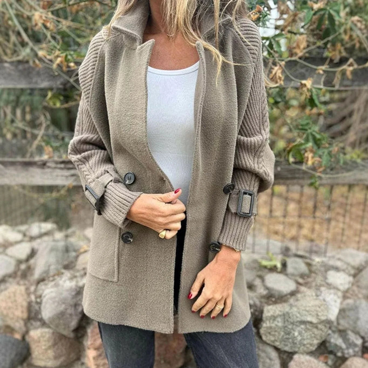 Women’s Mid-Length Double-Breasted Coat with Knit Sleeves 0