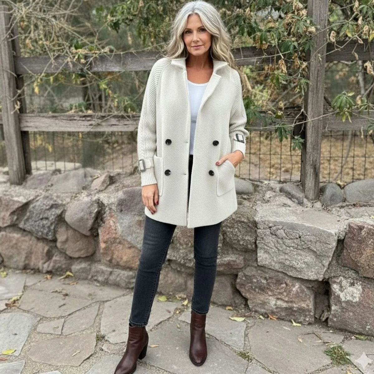 Women’s Mid-Length Double-Breasted Coat with Knit Sleeves 5