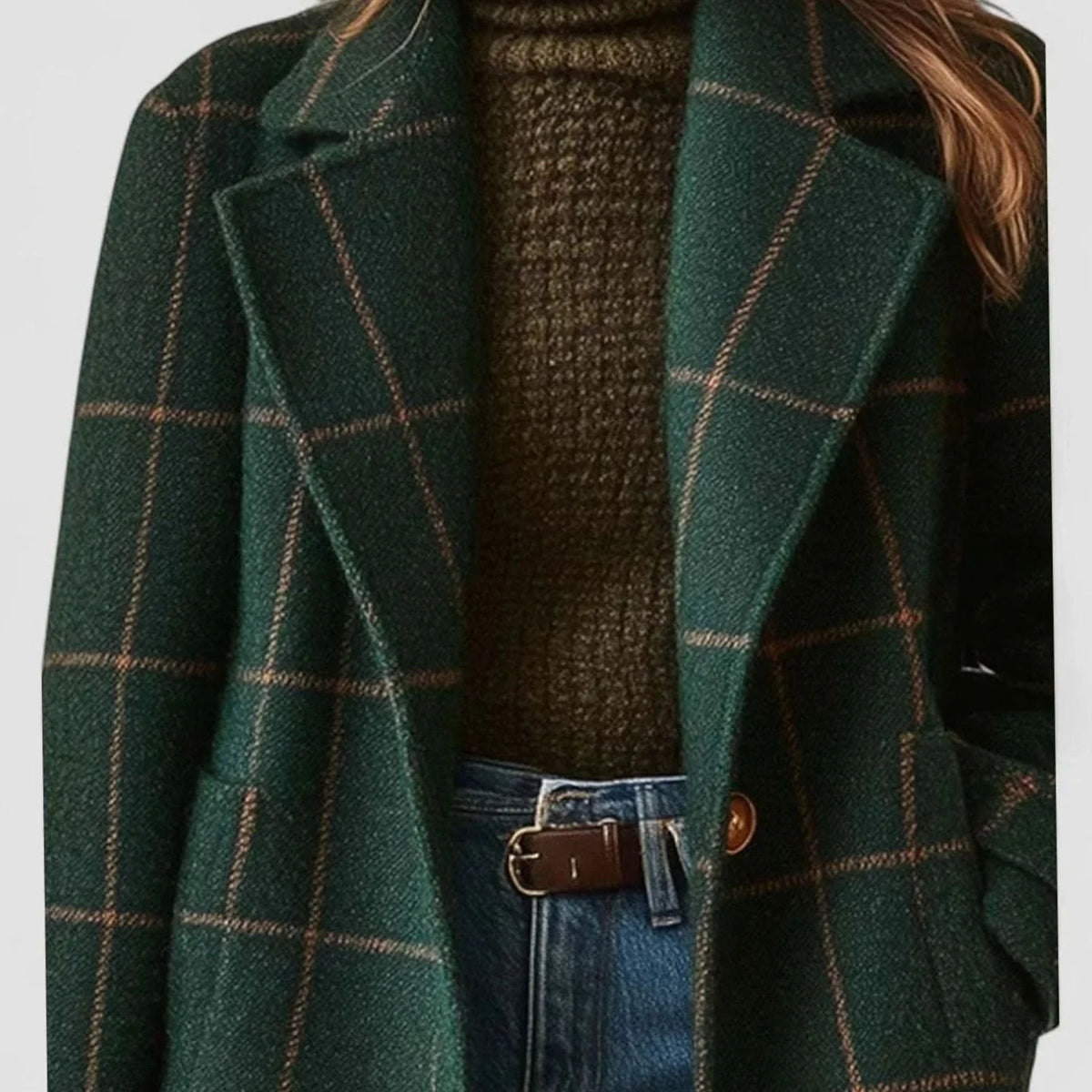 Women’s Mid-Length Green Checkered Wool-Blend Winter Coat 1