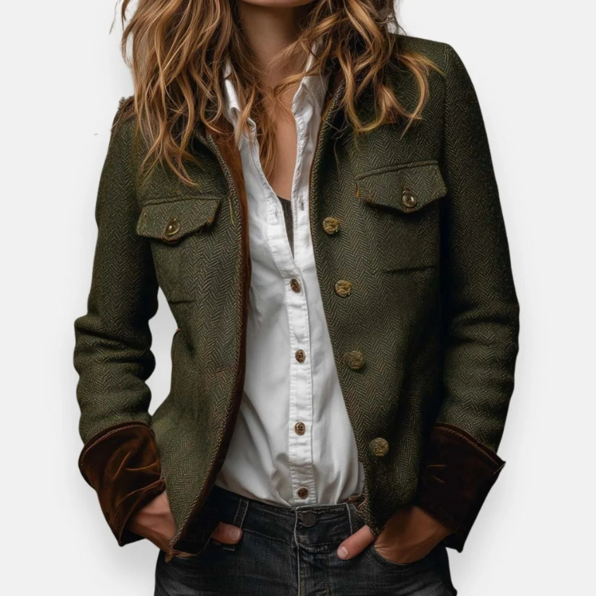 Women’s Military-Style Jacket Herringbone Tweed with Gold Buttons 0