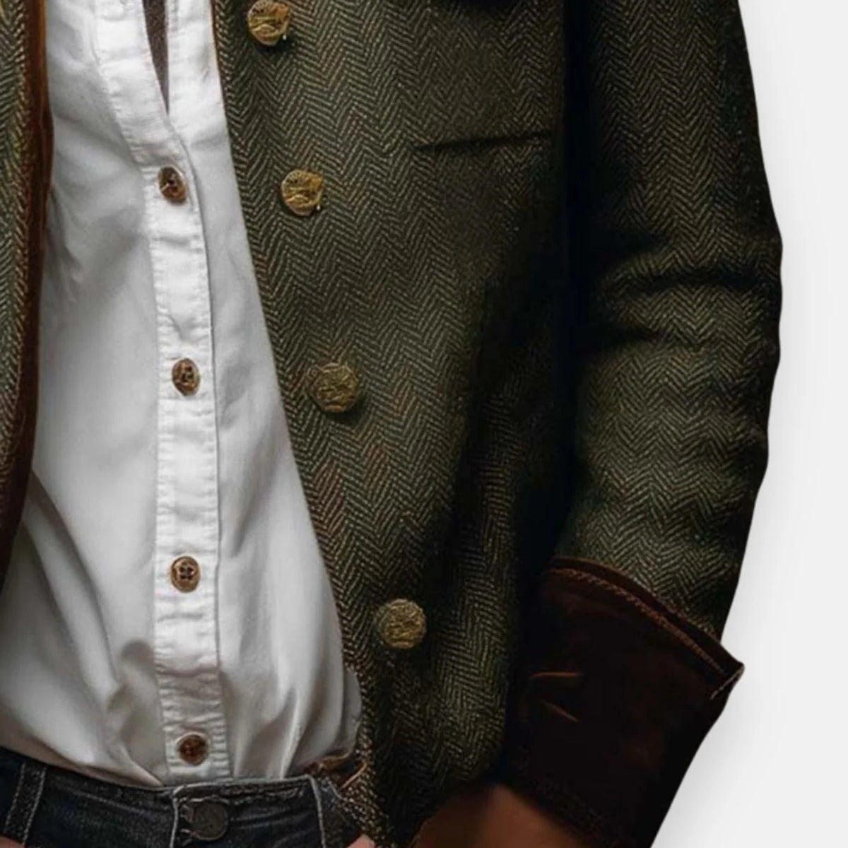 Women’s Military-Style Jacket Herringbone Tweed with Gold Buttons 2