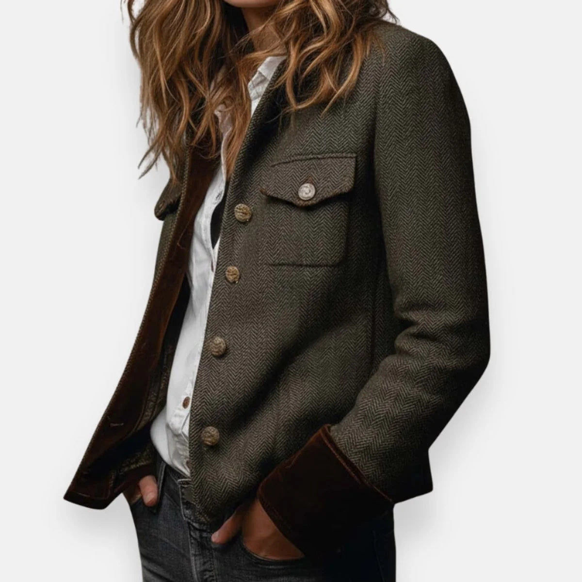Women’s Military-Style Jacket Herringbone Tweed with Gold Buttons 3
