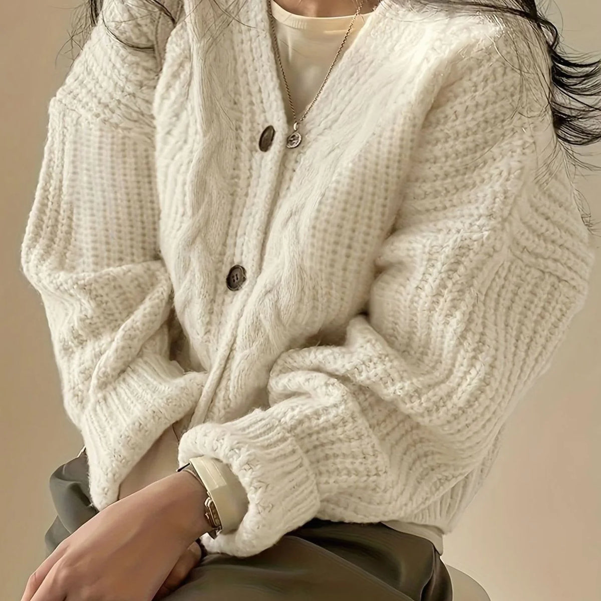 Women’s Oversized Cable-Knit Cardigan Button-Front Design 0