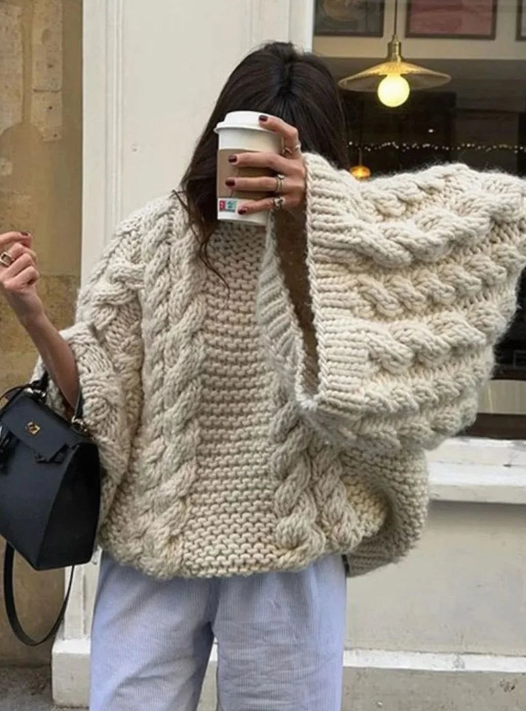 Women’s Oversized Cable-Knit Crewneck Sweater Chunky Texture 2