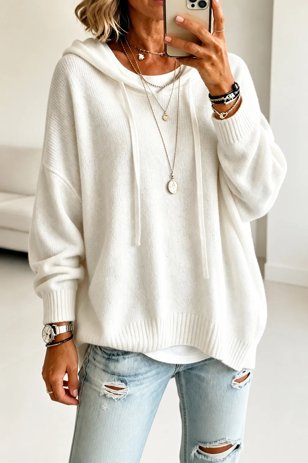 Women’s Oversized Hooded Knit Sweater Relaxed Fit with Drawstring 0