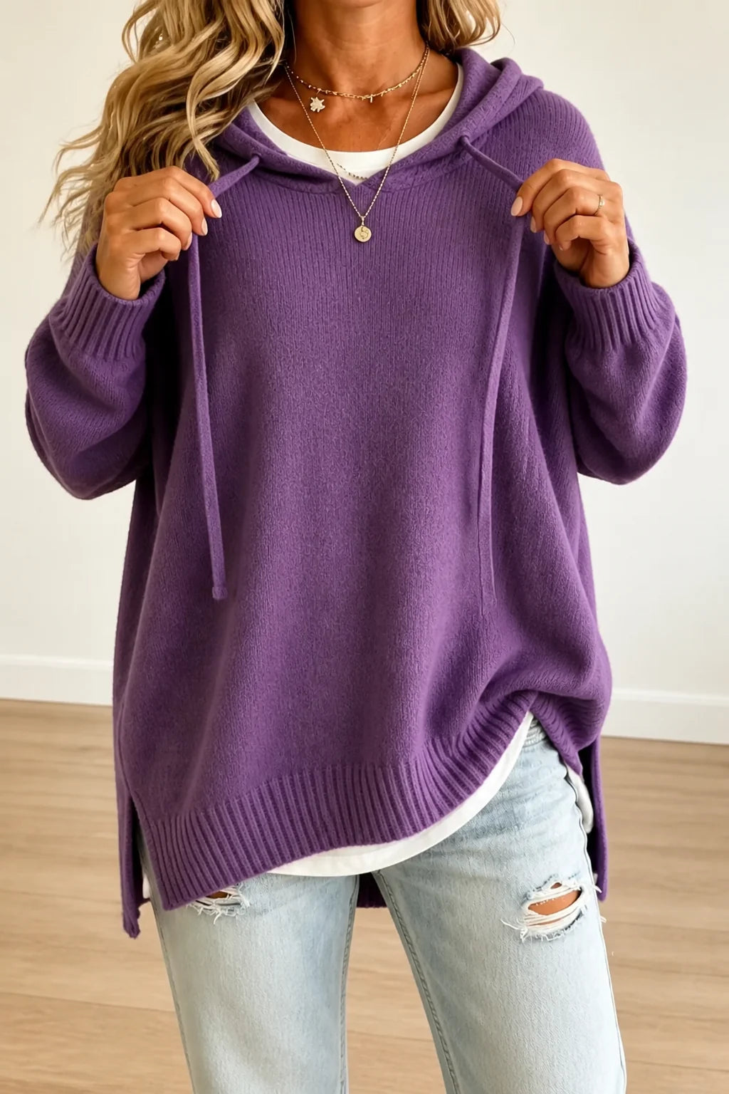 Women’s Oversized Hooded Knit Sweater Relaxed Fit with Drawstring 11