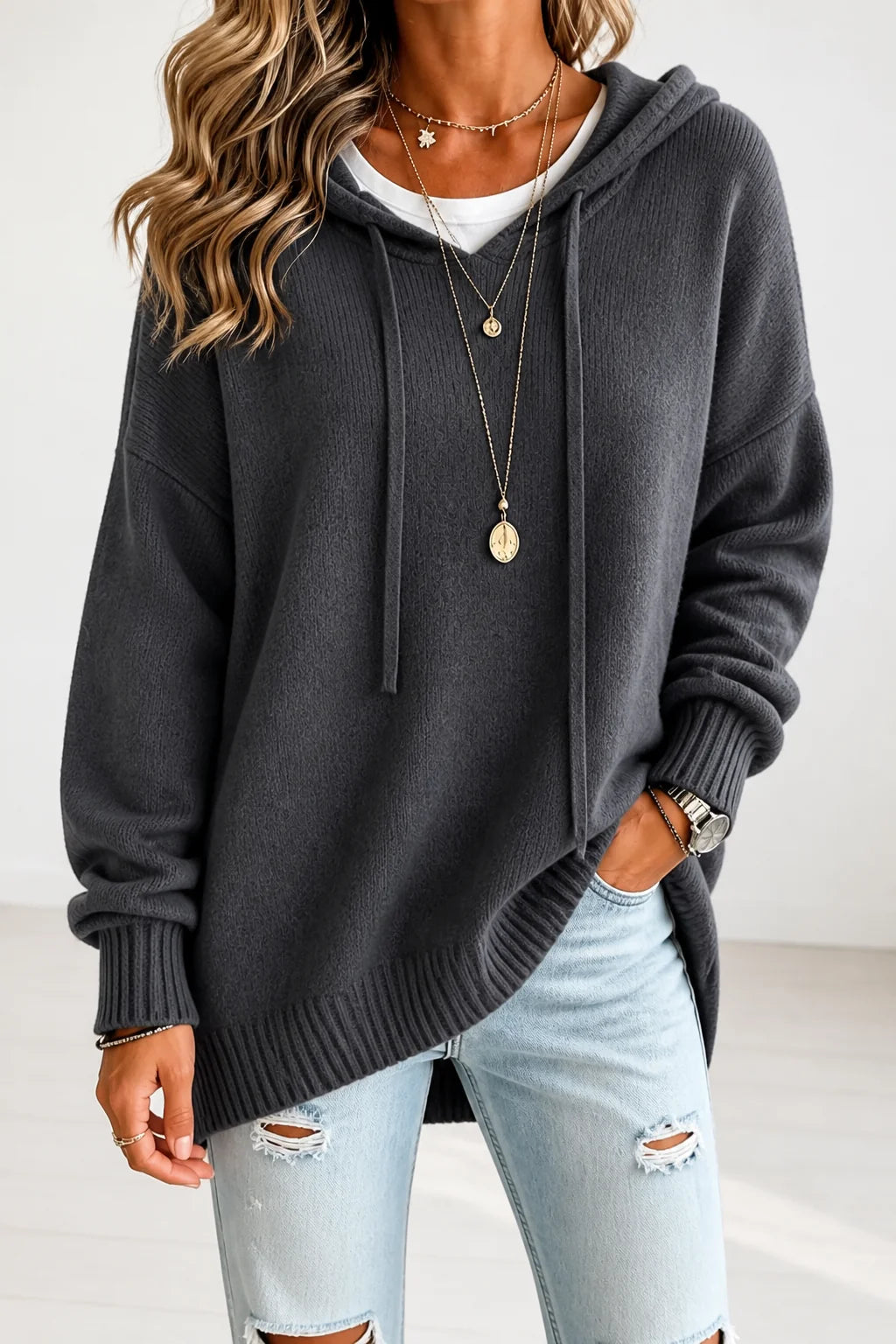 Women’s Oversized Hooded Knit Sweater Relaxed Fit with Drawstring 13